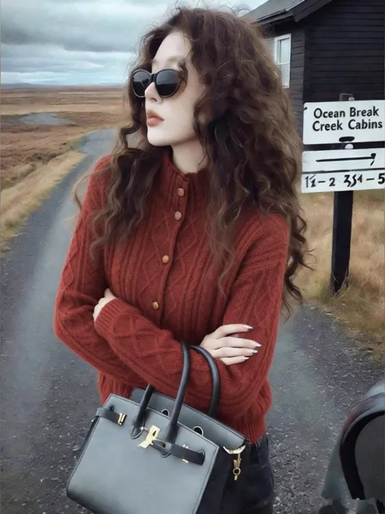 韩系半高领单排扣绞花纹针织衫女秋冬新年本命年红色长袖毛衣开衫