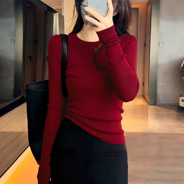 羊毛针织衫女秋冬红色毛衣柔软长袖圆领抗起球打底衫显瘦百搭上衣