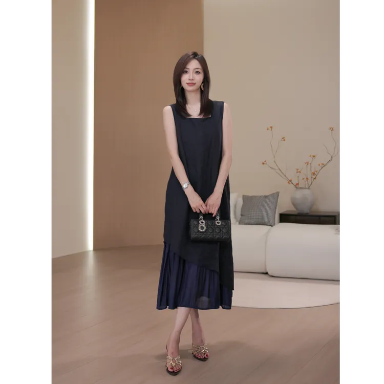 爆款法式新款夏季薄款连衣裙拼接裙子显瘦长款M173
