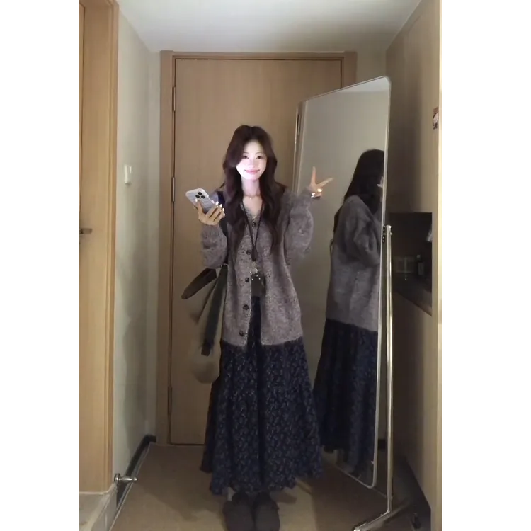 秋冬软糯温柔单排扣毛衣开衫外套花边拼接碎花半身裙套装女X11216