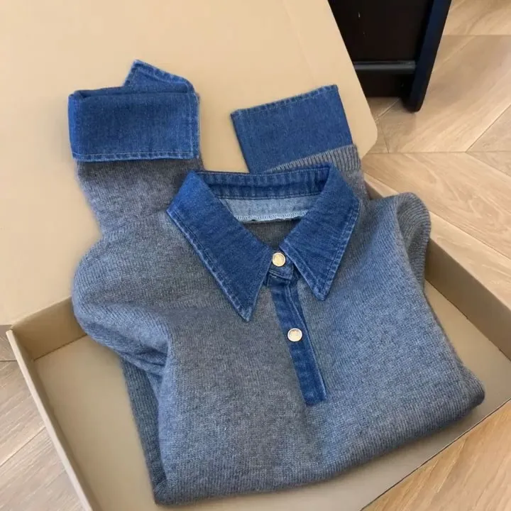 韩系氛围感灰色拼牛仔边翻领金扣毛衣秋季新款软糯百搭单穿针织衫