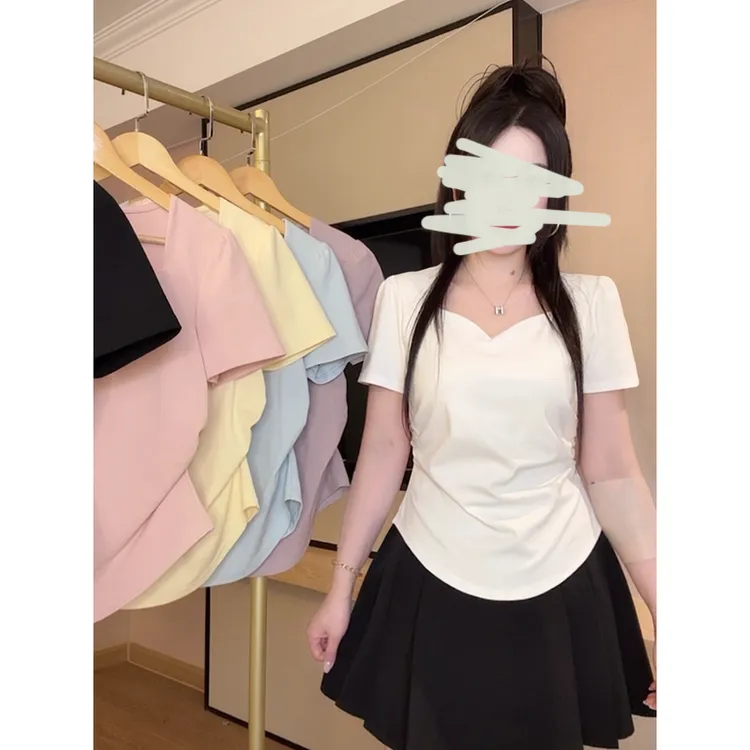 大码胖mm设计感欧若风收腰褶皱上衣修身显瘦纯色v领短袖T恤2025夏