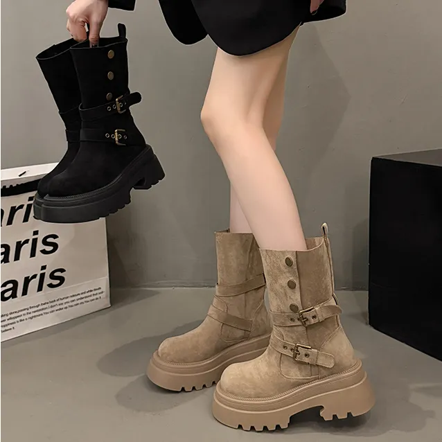美拉德靴子女秋季黑色厚底两穿内增高小个子中筒靴马丁靴女款短靴