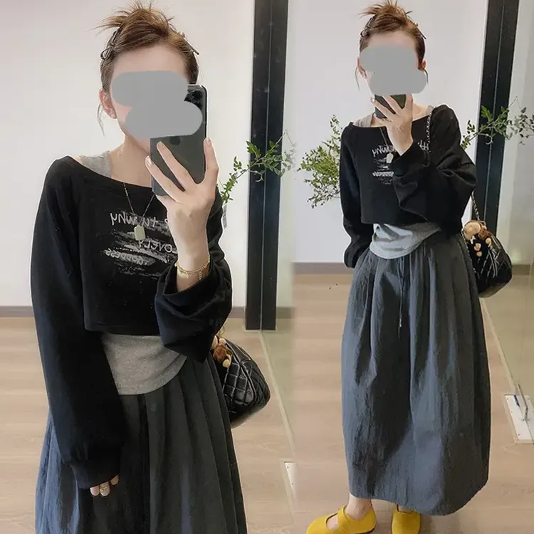 老钱风松驰感套装女2025年春秋新款背心露肩长袖t恤半身裙三件套