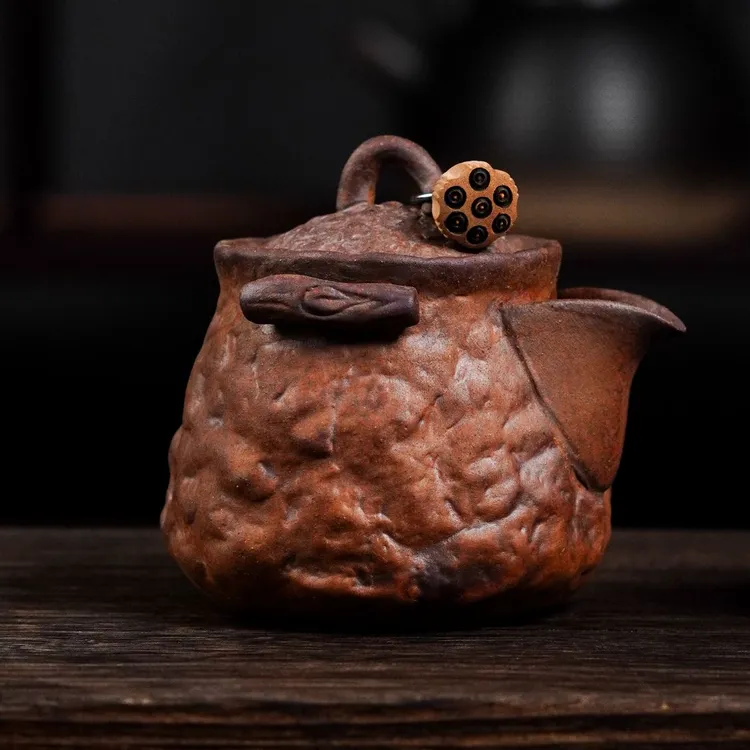 素烧粗陶老岩泥泡茶壶无釉家用复古泡茶器莲蓬挂坠手抓壶（150cc）