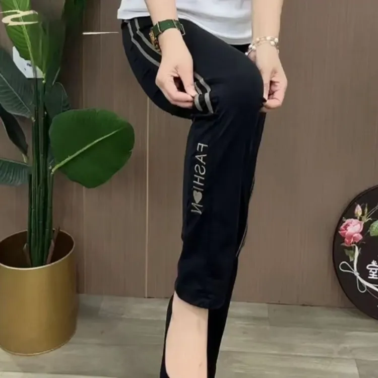 夏季新款松紧腰压条百搭减龄休闲裤