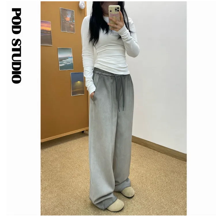 水洗做旧垂感宽松bf慵懒风运动卫裤男女直筒阔腿情侣弯刀休闲裤子