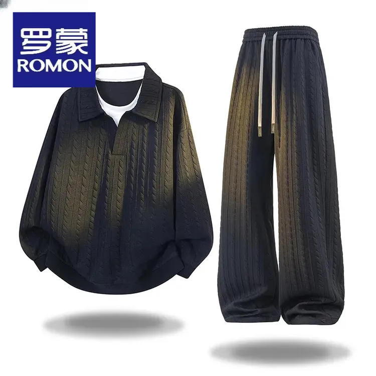 Romon/罗蒙肌理感套装秋季宽松男士重磅提花卫衣两件套高级感潮