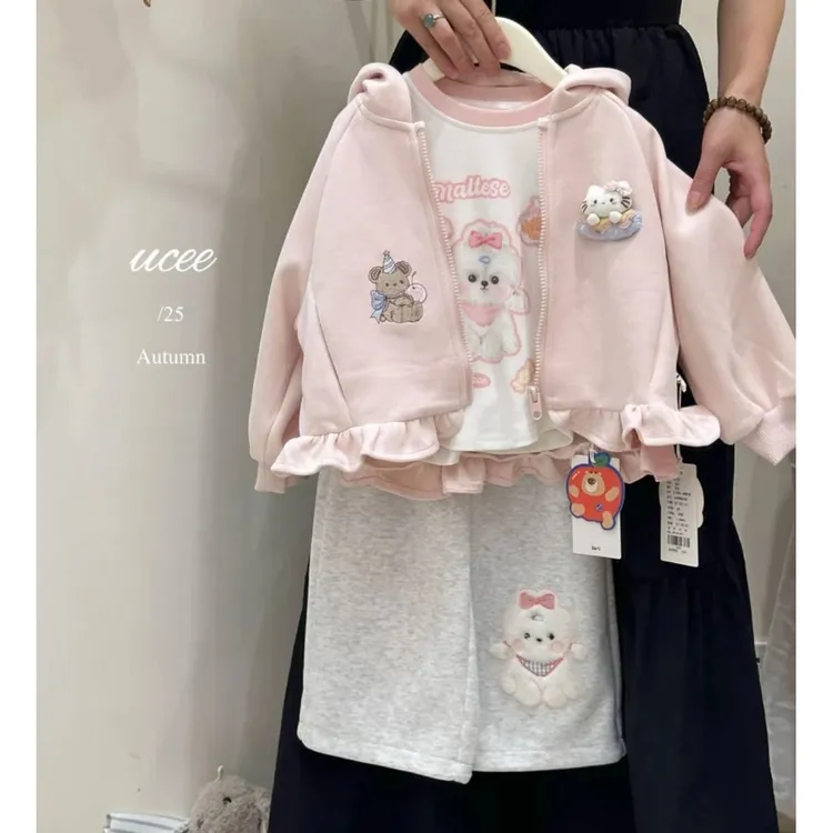 女童卫衣外套2025春秋季新款宝宝立体卡通夹克韩版花边拉链上衣潮