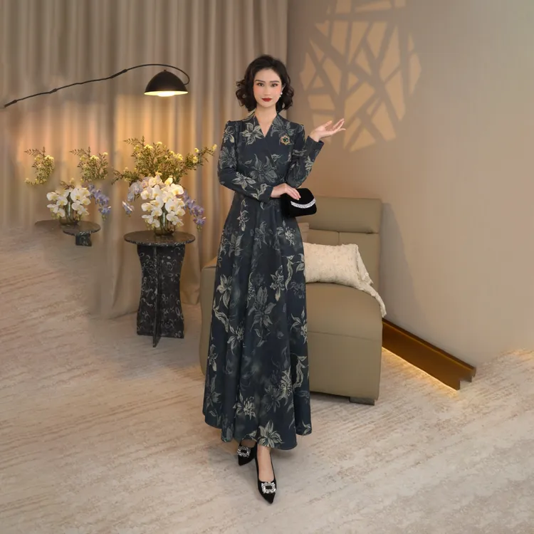 拉链长袖休闲风秋季压花连衣裙长裙碎花女装复古气质中国风02019
