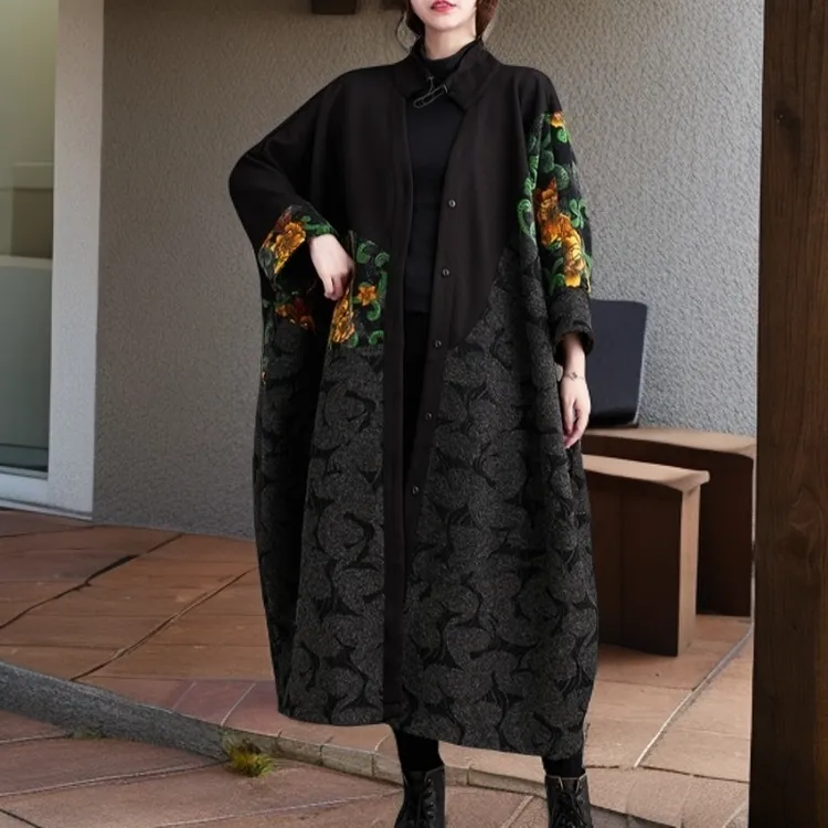 法式复古大码暗黑风拼接胖MM气质风衣外套女宽松洋气遮肚休闲大衣