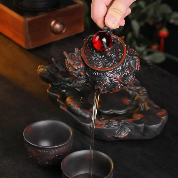 紫陶茶壶带茶盘祥龙戏珠壶家用复古手工泡茶壶带礼盒茶具高档