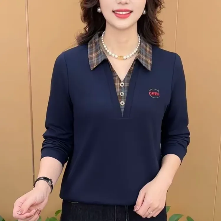 秋季新款时尚洋气长袖T恤显瘦减龄假两件翻领格子休闲气质上衣女