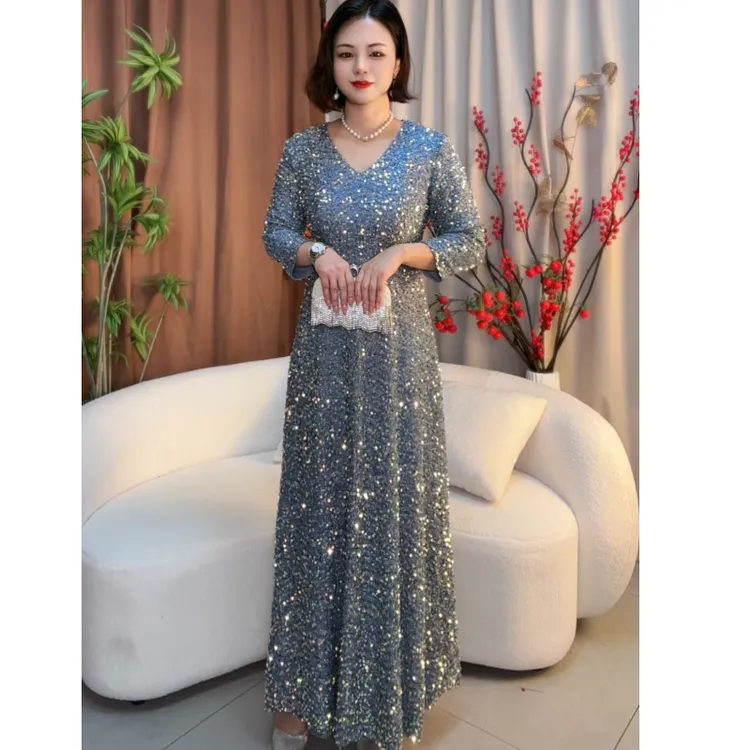 厚款秋冬装七分袖A字裙主持礼服演出合唱团晚礼服遮肚子长裙