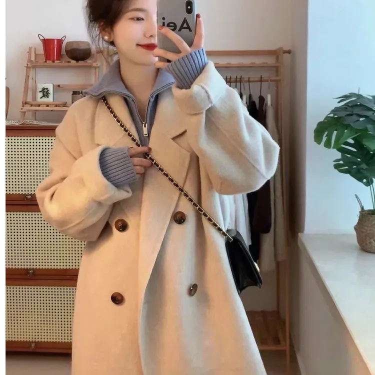 A99  XHM经典四粒扣双面羊毛大衣秋冬白搭韩版毛呢气质