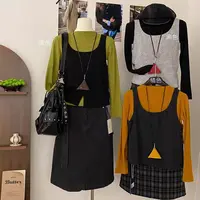 常规秋季长袖t恤上衣半高圆领打底衫（针织+马甲）两件套女