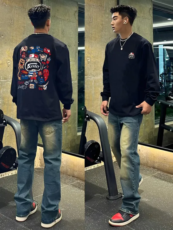 【重磅纯棉】美式卡通简约长袖T恤休闲秋冬打底宽松百搭情侣小众ins