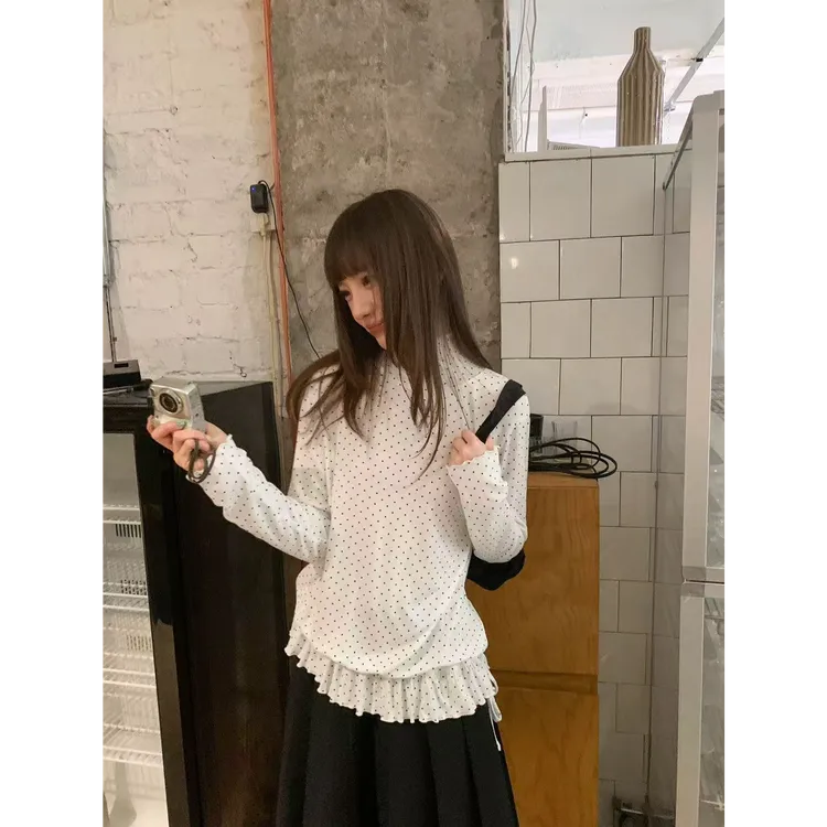 百搭高领波点荷叶边密边打底衫女长袖宽松上衣L3850