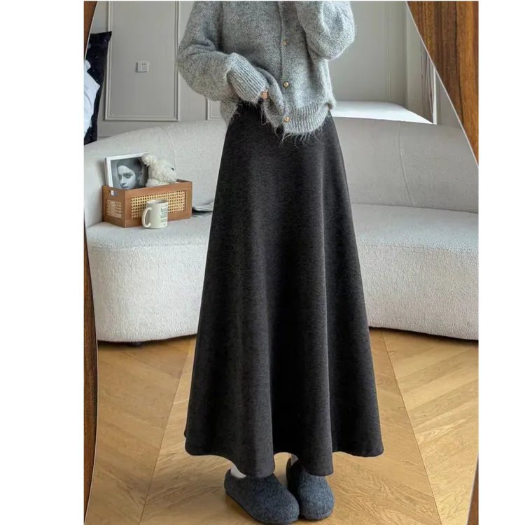 【醋酸羊绒】半身裙女秋冬2025新款松紧腰气质大摆a字伞裙加厚长裙
