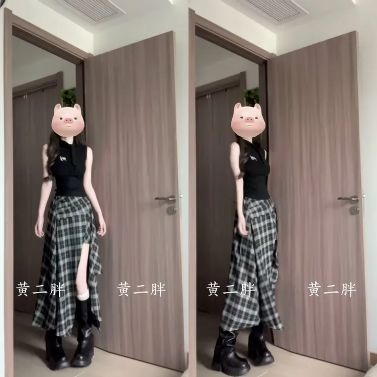 港风复古格纹开叉半身裙韩系女团穿搭一整套2025夏季新款无袖背心