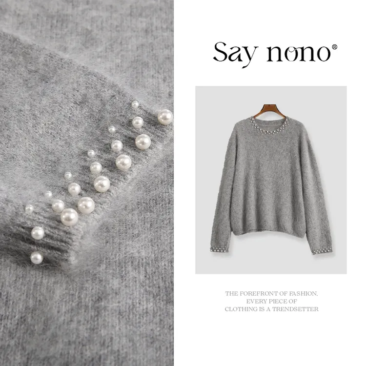 懒猫nono│Saynono 珍珠＿时尚慵懒纯色圆领羊毛衫套头衫 /T251461