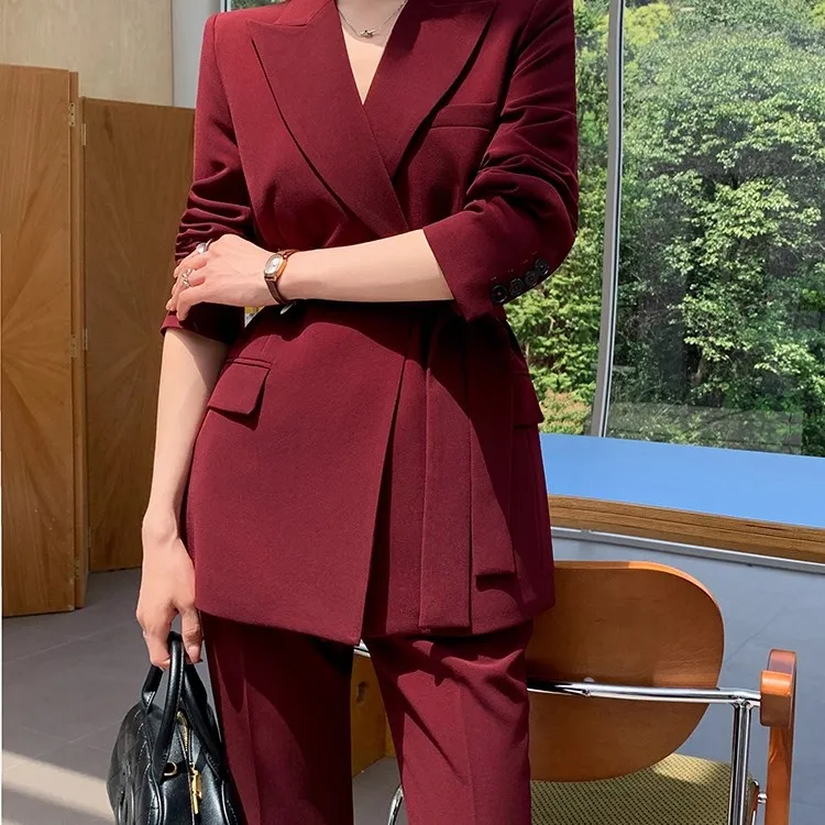 大码安哥拉红炸街西装外套女2025秋胖mm腰带商务休闲通勤西服套装