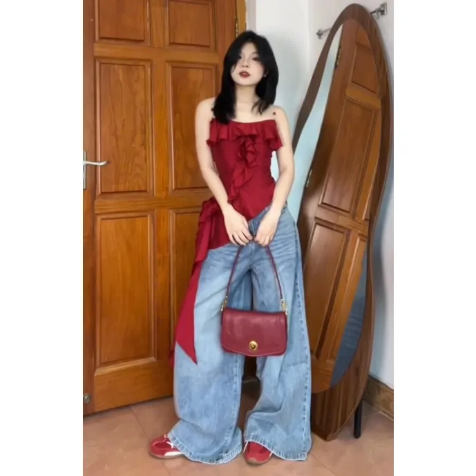 节奏曲荷叶边抹胸吊带裙高级感不规则吊带连衣裙时尚气质长裤套装