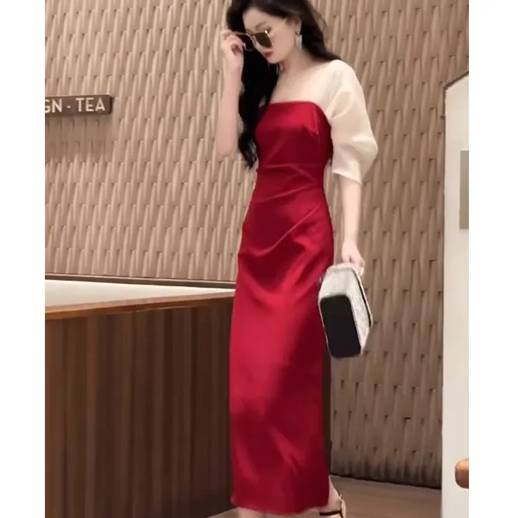 法式高端精致高级感气质御姐风收腰正式场合红色连衣裙女夏季裙