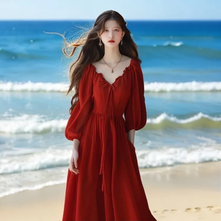 今年流行新款胖mm大码海边法式红色V领连衣裙森系收腰a字裙200斤