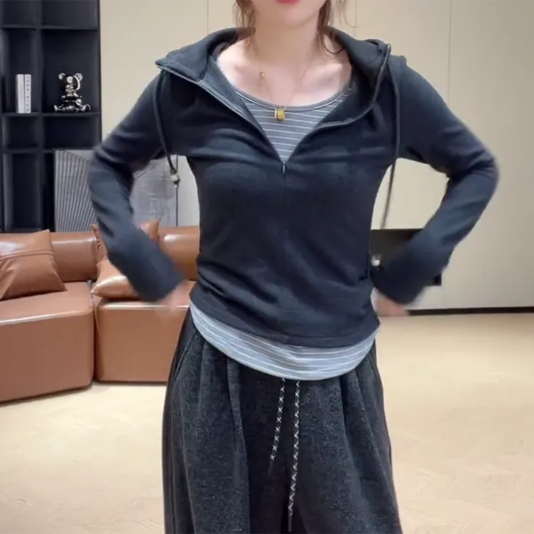 冬季拼色假两件磨毛连帽打底衫时尚长袖上衣保暖T恤C6562