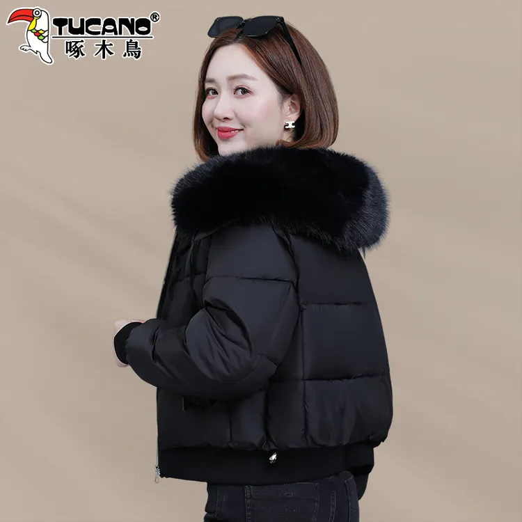 啄木鸟毛领短款棉服女款冬季2025新款小个子洋气棉袄妈妈保暖棉衣