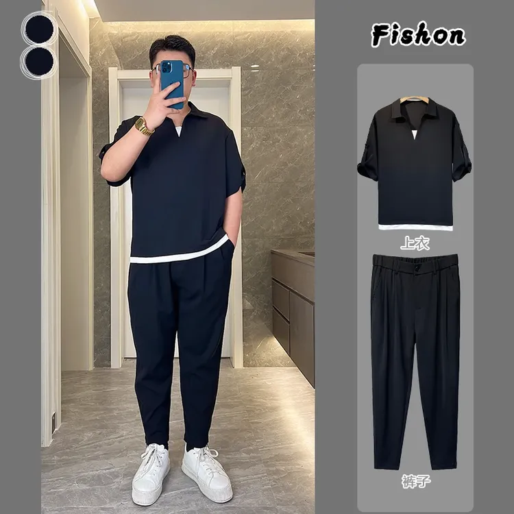 【两件套】夏季新款套头时尚衬衫九分小脚裤ins风痞帅潮流宽松上衣