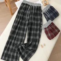 5825#撞色拼接格子抽绳阔腿裤