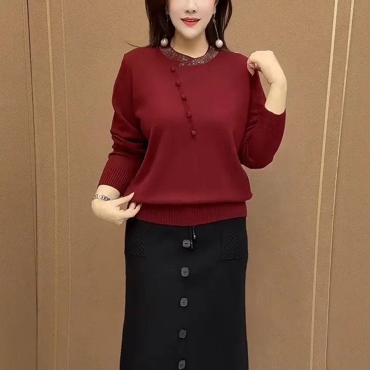 2025秋冬时尚新款中老年妈妈气质长袖洋气休闲百搭圆领宽松针织衫