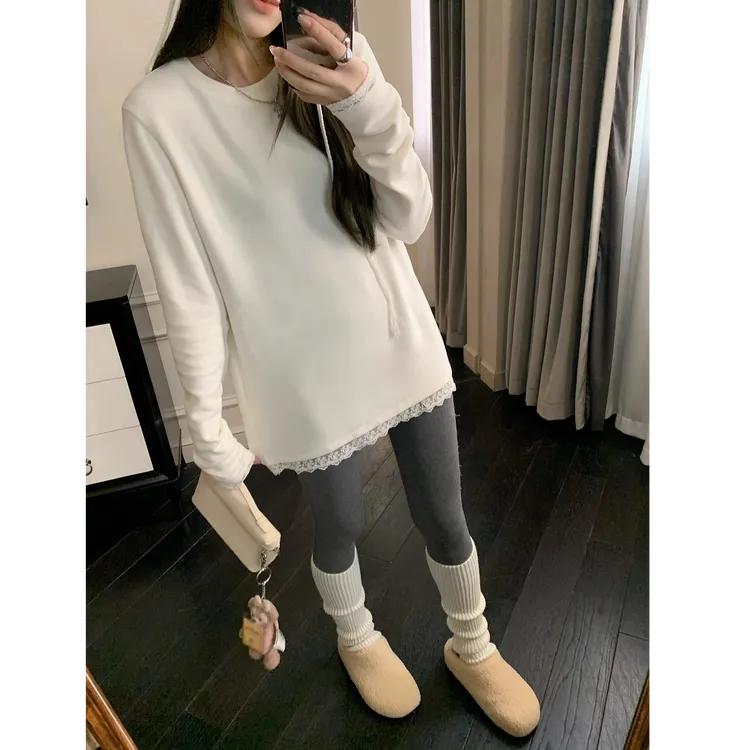 小婉薇 白色蕾丝中长款圆领长袖打底T恤女秋新款德绒加厚宽松上衣