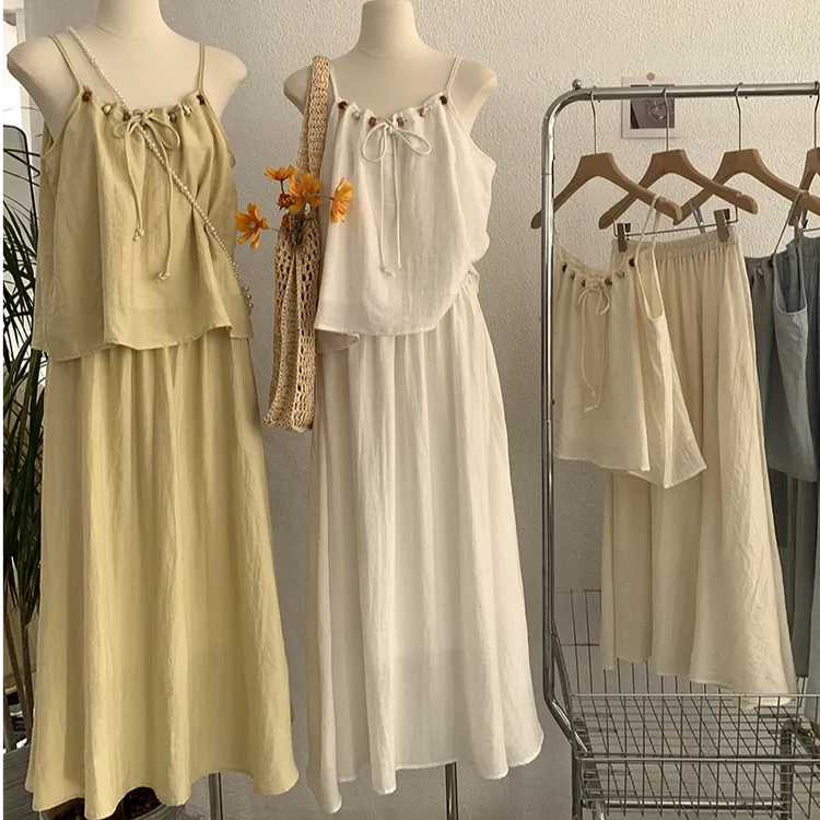 串珠宽松吊带背心夏季高腰休闲垂感大摆半身裙两件套气质假期穿搭