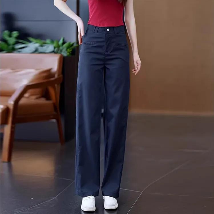 藏青色窄版阔腿裤女夏季薄款2025新款高腰垂感显瘦宽松直筒西装裤