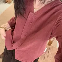 1365-显瘦春秋两面穿小衫长袖衬衫休闲纯色V领薄款衬衫袖