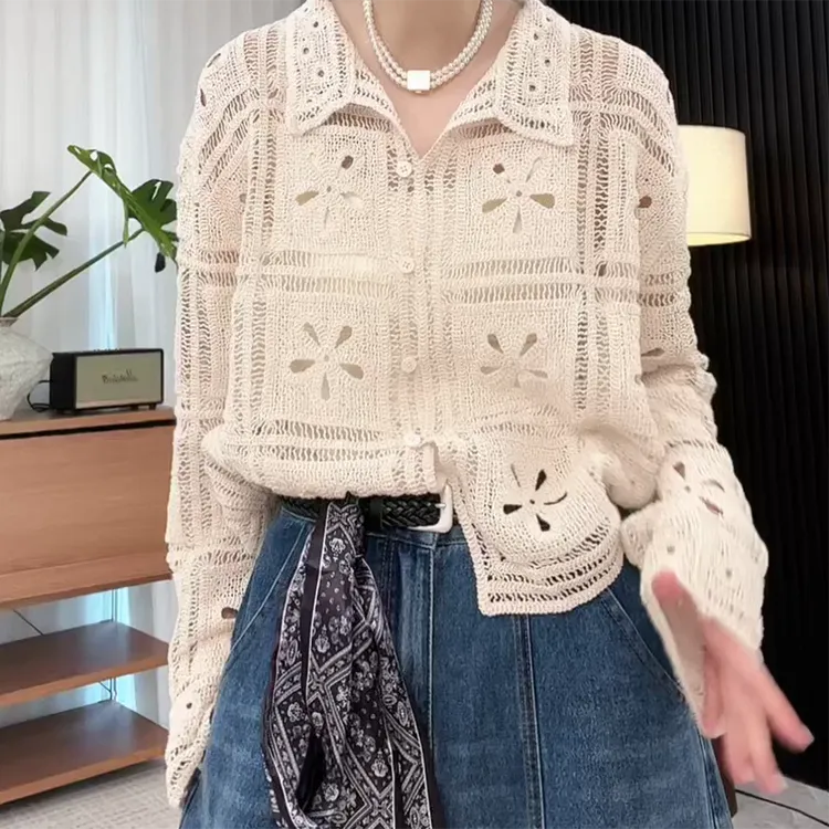 法式复古钩花镂空开衫2025早秋新款翻领高级感百搭C5880