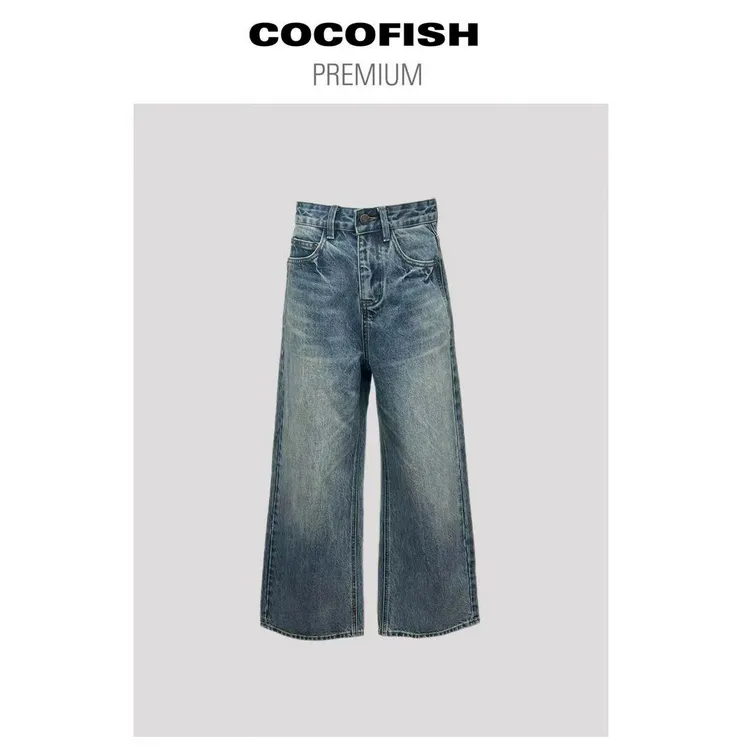 早春美式复古蓝水洗高腰宽松宽阔拖地牛仔裤#16905
