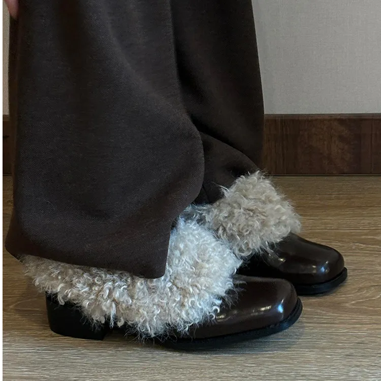 牛皮版单鞋女2025新款小众个性棕色方头加绒保暖小皮鞋粗跟毛毛鞋