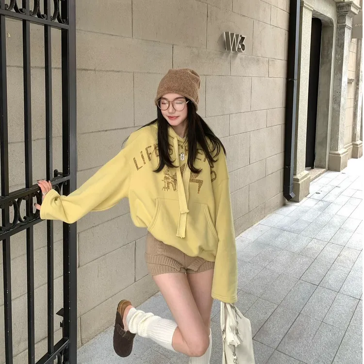 美式复古连帽卫衣女秋季字母印花长袖oversize宽松重磅慵懒上衣潮