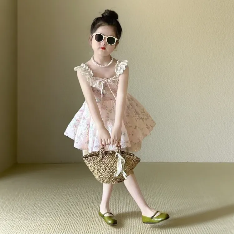 女童甜美小飞袖碎花吊带裙连衣裙2025夏季新款女孩洋气韩版背心裙