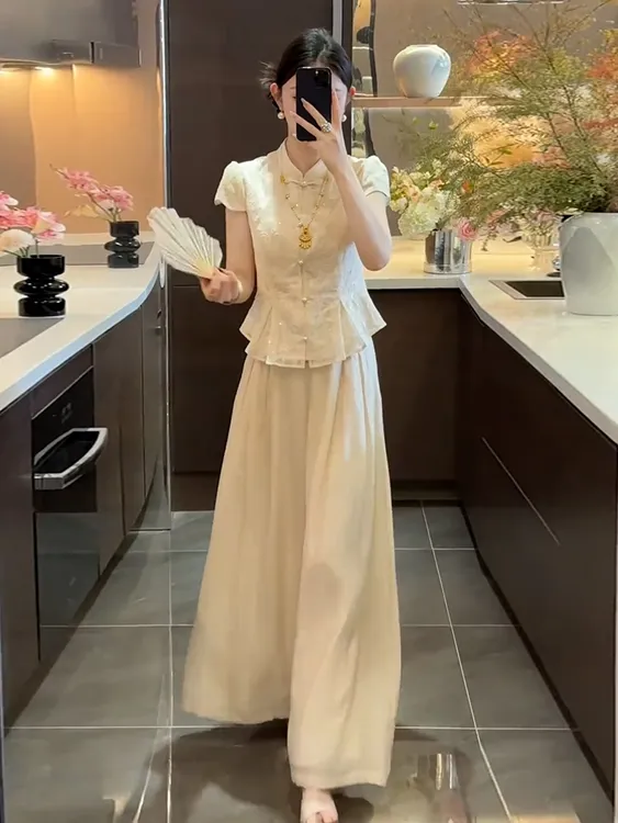 0520夏装一整套夏季新款新中式国风设计感盘扣上衣高腰阔腿裤套装