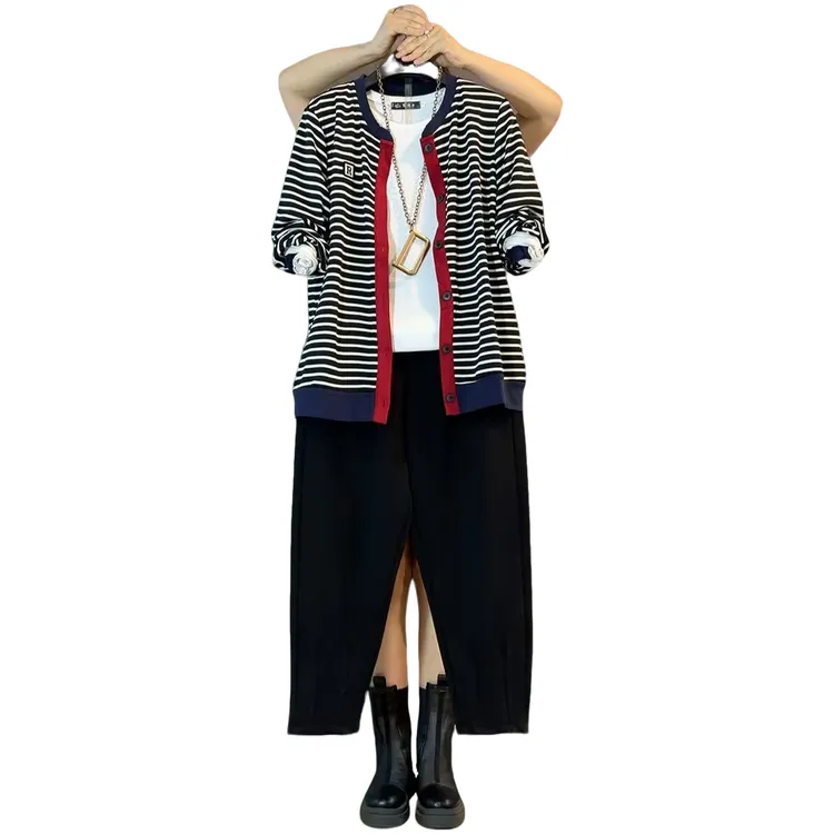 大维罗依YML 秋季新款休闲百搭条纹套装开衫遮肉套装