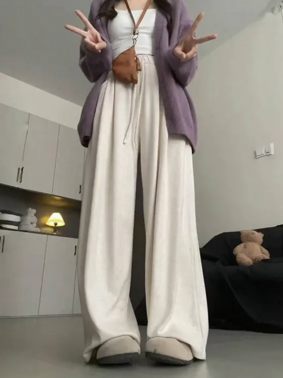 胖mm慵懒风女咖色糯米裤大码休闲裤女高腰软糯糯慵懒风阔腿运动裤