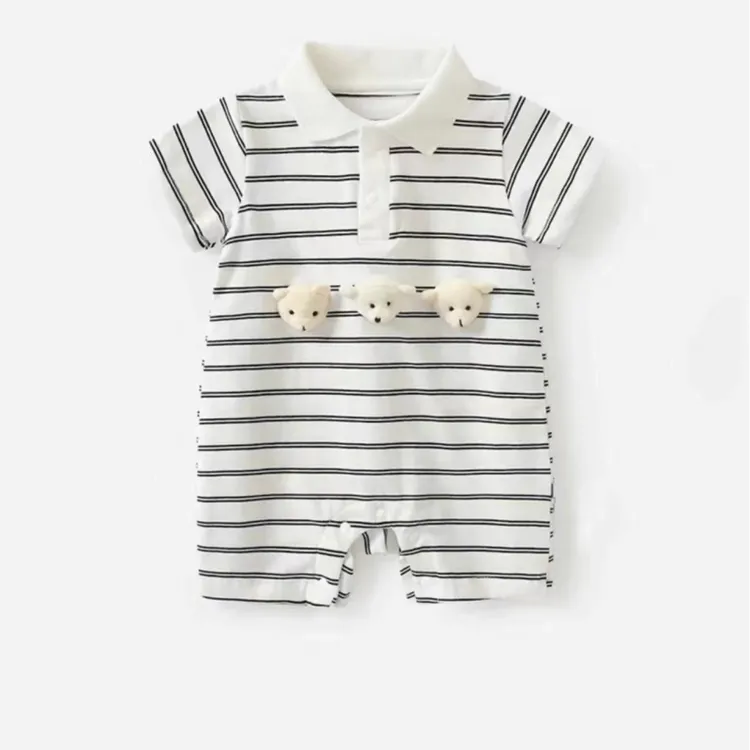 【咪】新款宝宝夏款婴幼儿可爱超萌长袖条纹三只小熊婴儿哈衣爬爬服