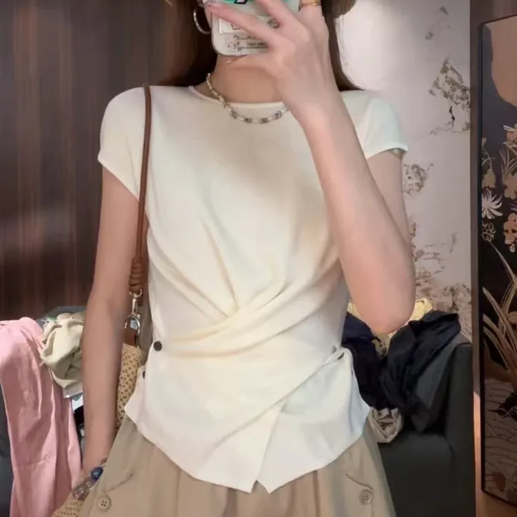 设计感纯色收腰显瘦针织短袖T恤女2025新款夏季时尚圆领修身上衣