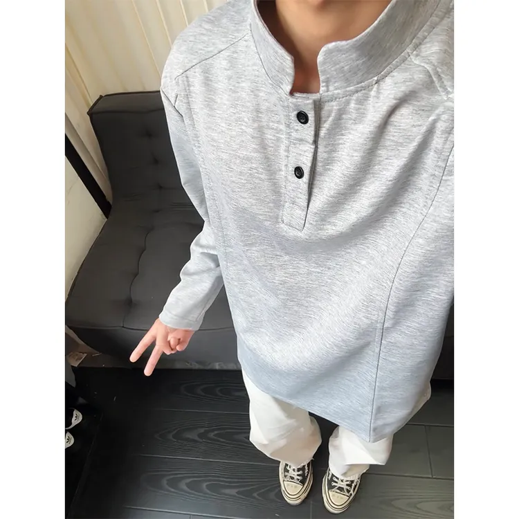 cleanfit亨利领灰色针织长袖T恤秋季衬衫春秋运动拼接内搭打底衫