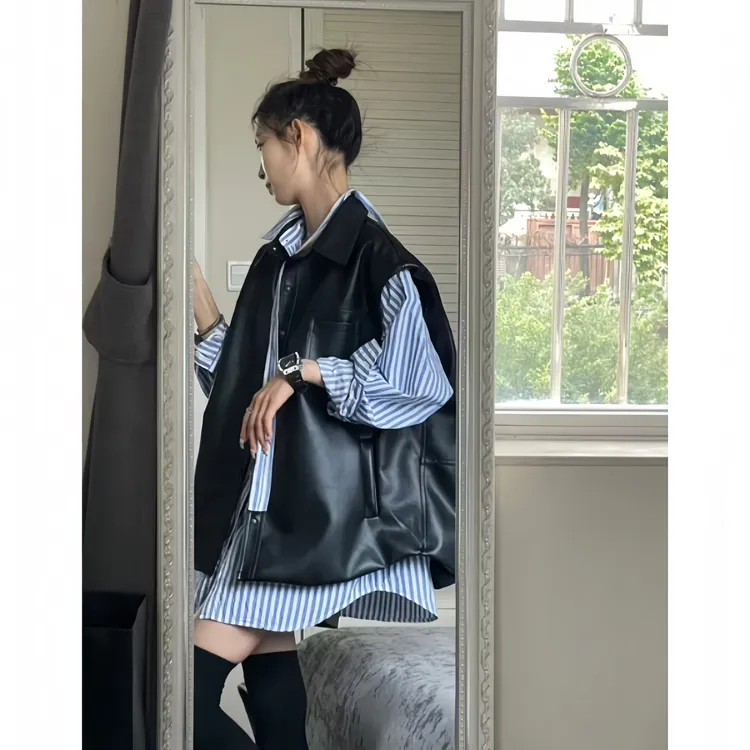 高级感PU皮马甲条纹飘带衬衣宽松小众秋季翻领马夹时尚舒适两件套